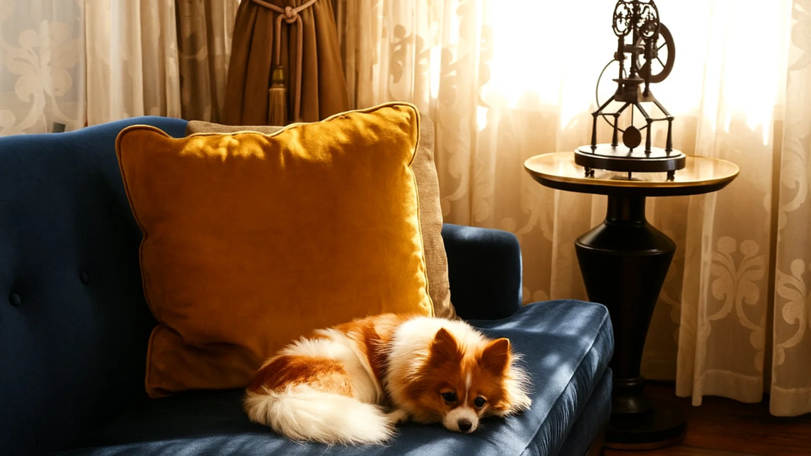 Dog sitting on a couch at HotelVancouver Image credit: @olabonitacreative
