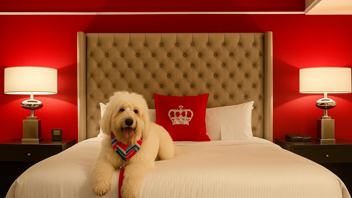 a fluffy white dog with a red leash sits on a neatly made bed at OmniKingEdward Hotel room image by: @karmathegoldendoodle 