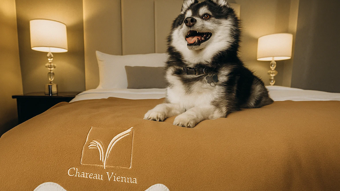 a dog sitting on a bed at Chateau Victoria Hotel & Suites 